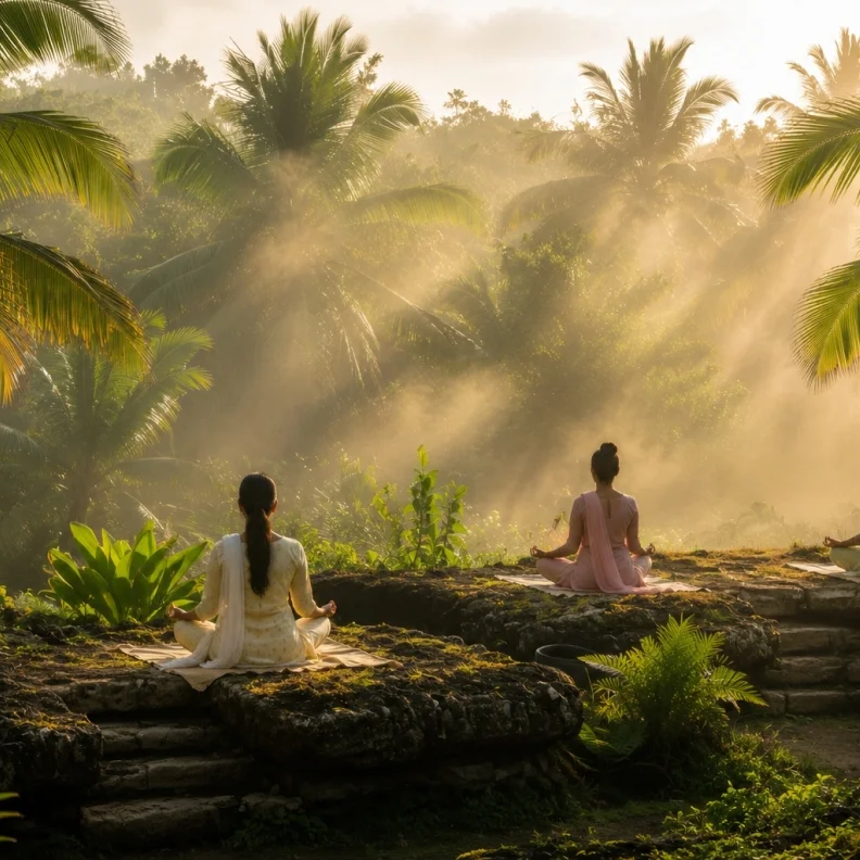Group meditation session in a lush tropical forest under golden sunset rays