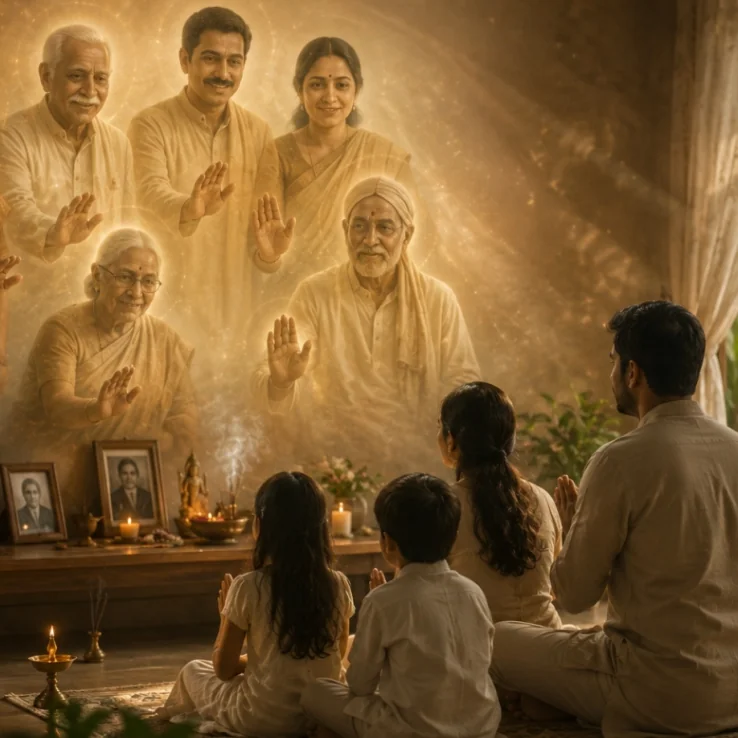 Indian family praying together before a shrine as their ancestors appear in a glowing golden blessing vision