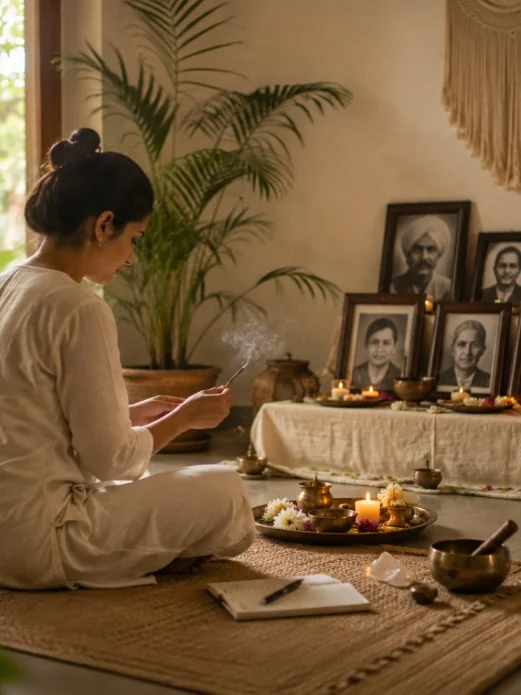 Indian woman sitting in front of a family altar honoring her ancestors with incense and prayer