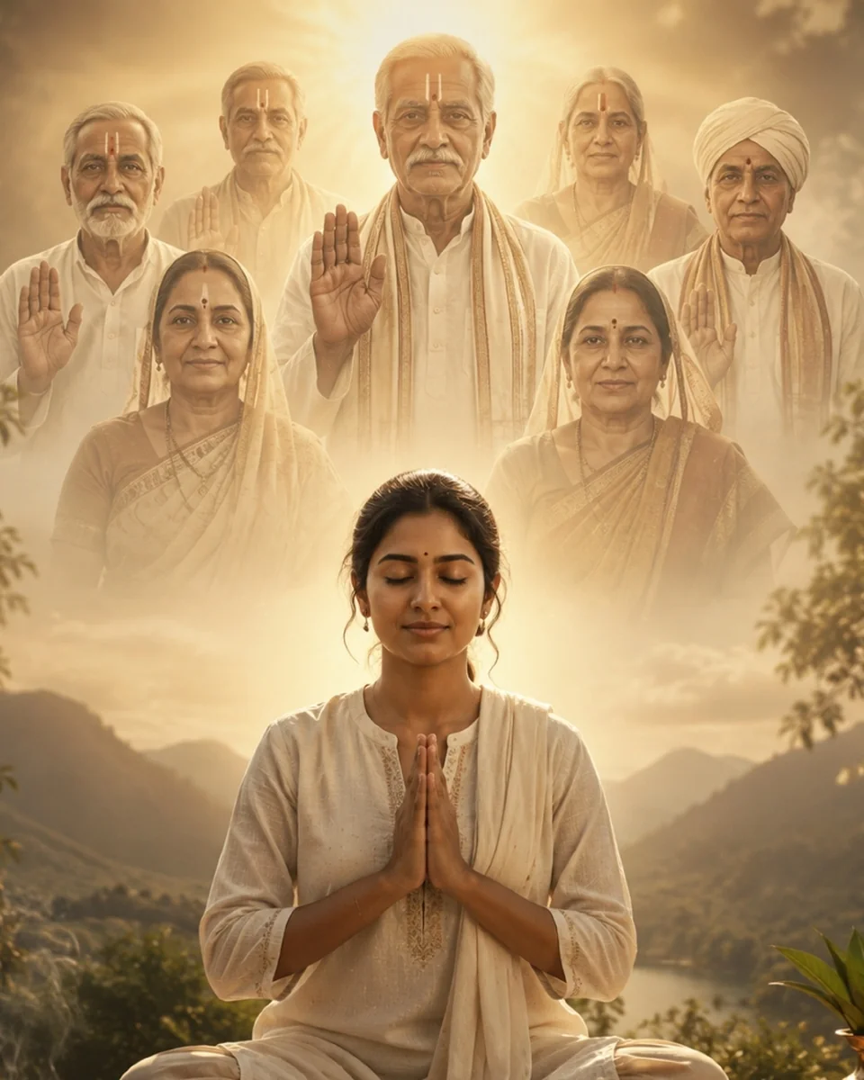 Indian woman meditating in front of a glowing projection of her supportive ancestors watching over her with blessings