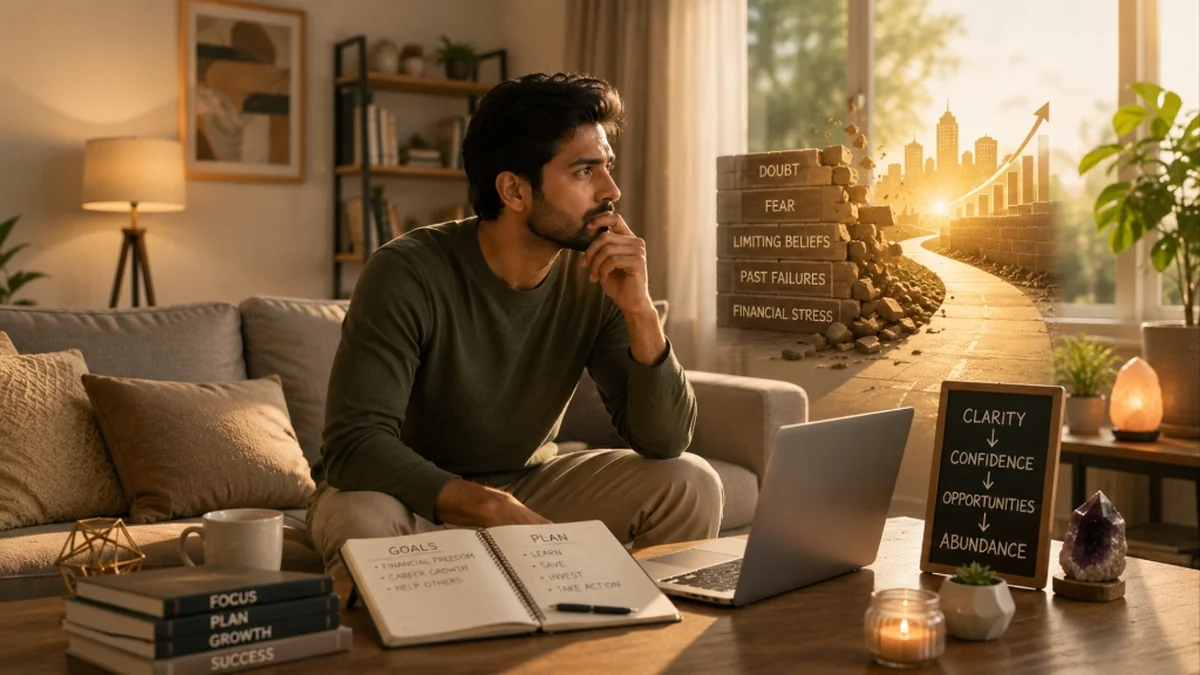 Indian professional reflecting next to a goal planner book with blocks representing career doubts and fears breaking down, revealing clarity and abundance