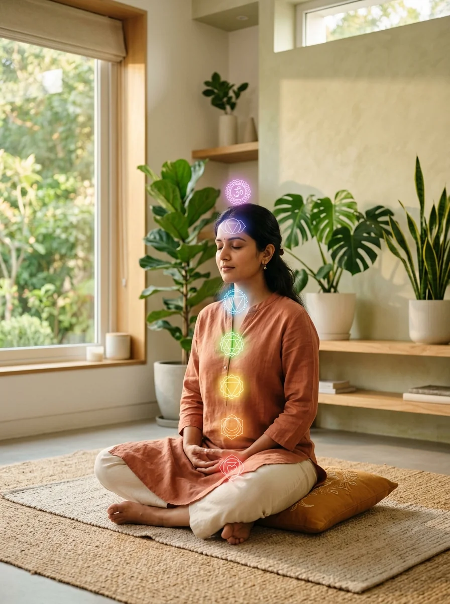 Indian woman meditating in cross-legged pose with glowing chakra light centers aligned along her posture