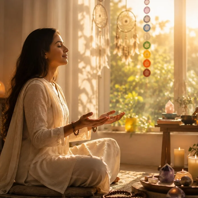 Woman meditating peacefully in front of a window with dreamcatchers and a Buddha statue
