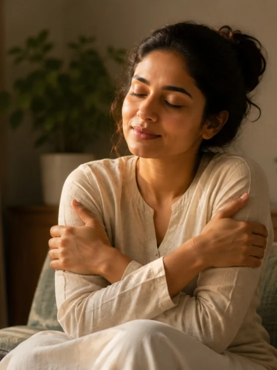 Indian woman sitting on a sofa hugging herself in peaceful self-compassion and emotional wellness
