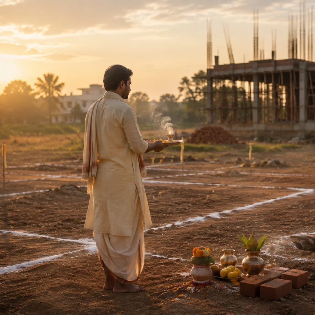 Indian priest conducting a sacred Bhoomi Puja land blessing ceremony on a construction plot during sunrise