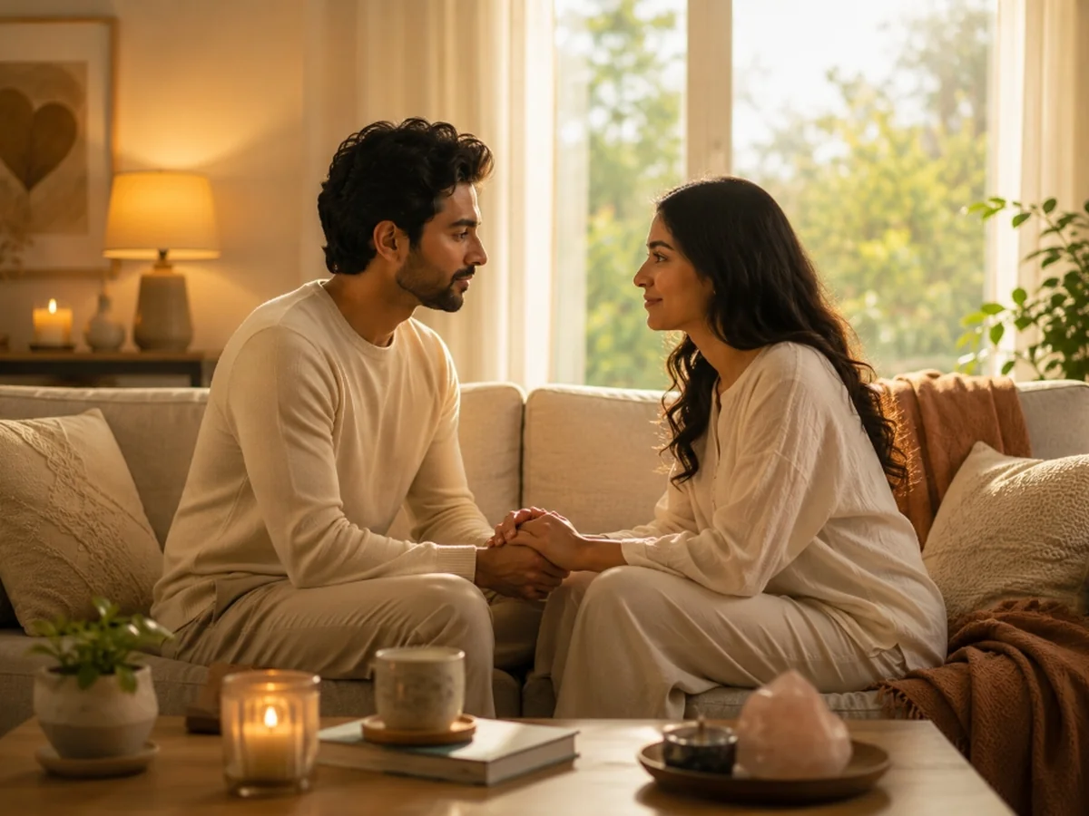 Indian couple sitting together on a living room couch, holding hands and communicating with love and trust
