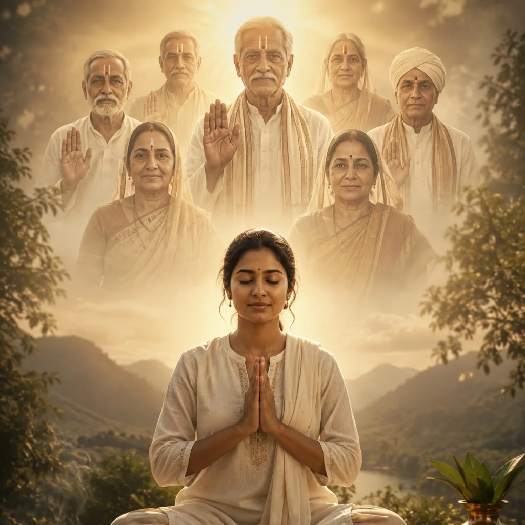 Woman meditating with ancestral figures blessing her