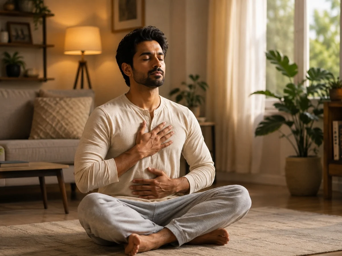 Indian man sitting cross-legged in deep breathing meditation inside a serene, sunlit living room
