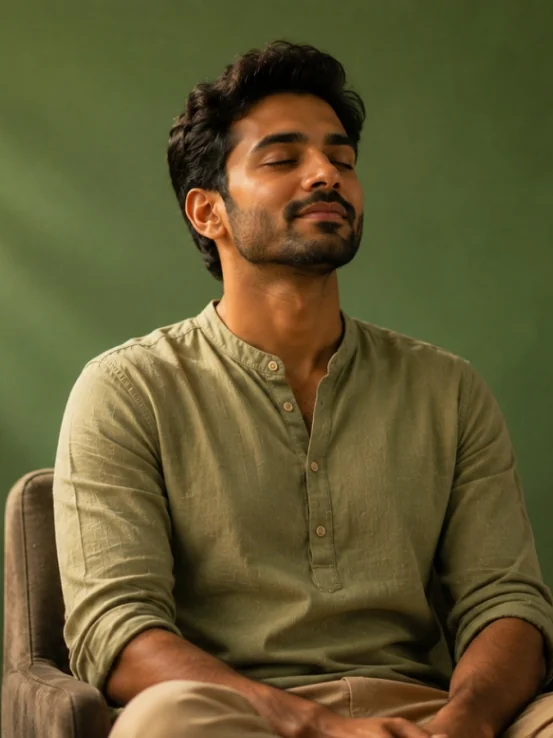Indian man meditating in deep mindfulness inside a quiet green room