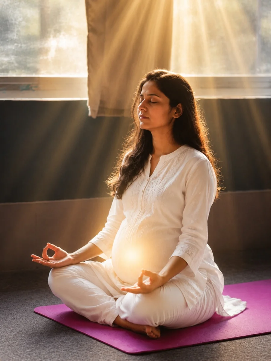 Pregnant Indian woman meditating in white attire with glowing light from her womb under warm sunbeams
